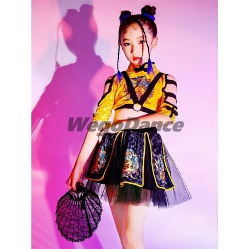 New Hiphop Style Girl Wear Multicolor Chinese Style Jazz Costume Top And Skirt Set