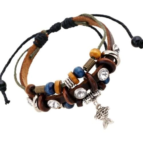 New Genuine Leather Bracelets Charm Fish Rhinestone Bracelet For Women New Fashion Charm Bracelets Bangles Jewelry