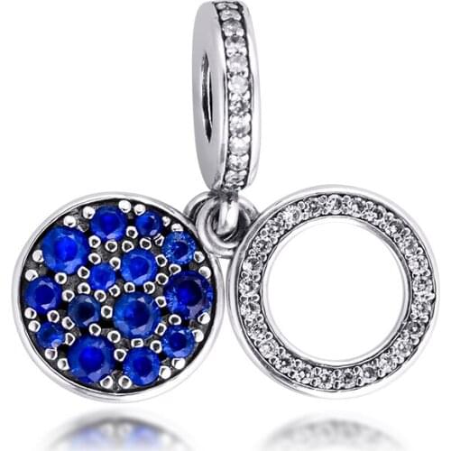 Fits Pandora Bracelet Argent 925 Sterling Silver Sparkling Blue Disc Double Dangle Charms Beads for Jewelry Making Bijoux Femme