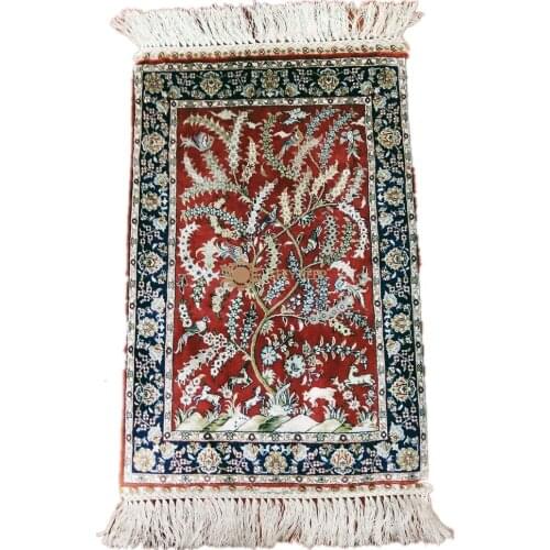 Seeykeep™ 1x1.5ft 500Lines Pure Silk Handknotted tree of life design With Animal Of Paradise Collectables Prayer Rug-SK3036194