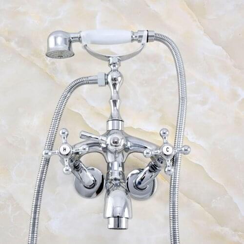 Silver Polished Chrome Brass Wall Mounted Dual Cross Handles Clawfoot Bathtub Faucet Handshower - Adjusts From 3-3/8" aqg406