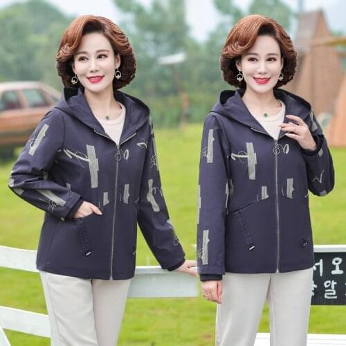 Plus Size 5XL Women Trench Coat New Print Hooded Outerwear Loose Lined Middle-aged Female Windbreaker Basic Coat Casual Tops