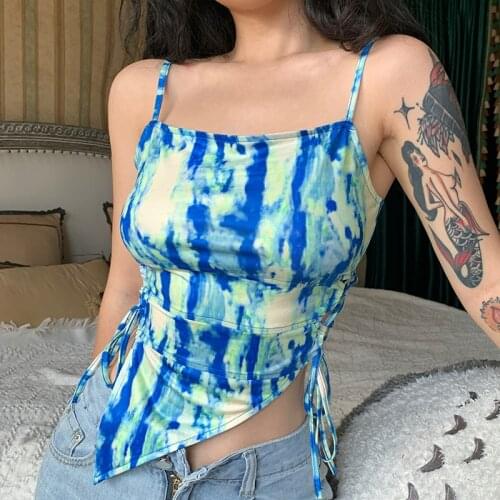 Skinny Tie Dye Print Cropped Tops Women Drawstring Streetwear Camisole Clubwear Fashion Harajuku Summer Vests Asymmetry