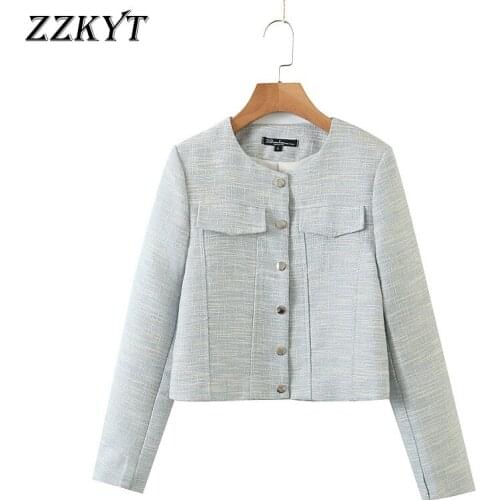 ZZKYT 2021 Women Spring Fashion Solid Single Breasted Jacket Coat Vintage Pockets O-Neck Long Sleeve Female Outerwear Chic Tops