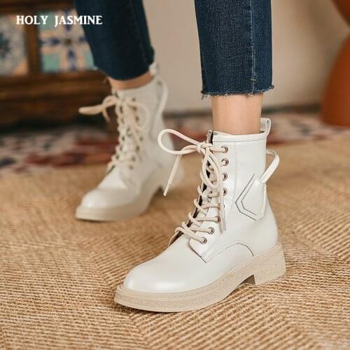 2021 Hot Sale Genuine Leather Shoes Women Ankle Boots Lace Up Autumn Winter Platform Shoes Women Motorcycle Boots Platform Boots