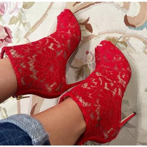 2018 New Fashion Red/Black Lace Women Elegant Peep Toe Ankle Boots Zipper Back Ladies Summer Hot High Heel Boots Sexy Party Shoe
