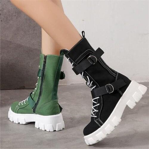 New 2021 Autumn Women Mid-Calf Boots Canvas Casual High Top Shoes Long Motorcycle Booties Lace-Up Zip Comfortable Sneakers 35-40