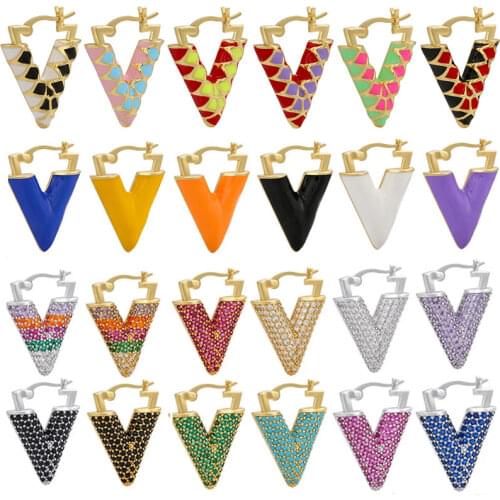 QMHJE Women Hoop Earrings Geometric Triangle Enamel Neon Green Fluorescent Jewelry Earing Aretes CZ Hoop Gold Silver Color