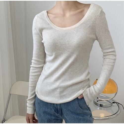 Knit V Back Cotton Scoop Neck Tops Women Slim Fit Knitwear Thin One Size
