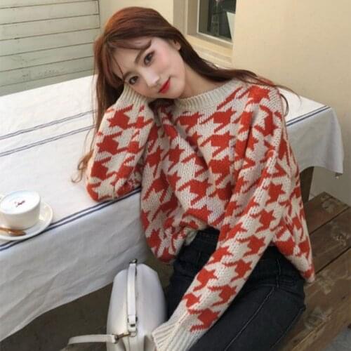 Women Vintage Autumn Winter Round Collar Houndstooth Short Sweater Loose Full Sleeve Knitted Pullovers Jumpers