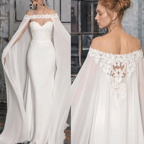 Mariage Elegant Arabic Dubai Off The Shoulder Wedding Dresses 2021 Cape Appliques Lace Bride Bridal Gowns Vestido de Noiva