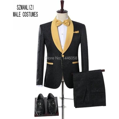 2018 Elegant Brand Groom Tuxedos Groomsmen One Button Black Flower Gold Shawl Lapel Custom Made Formal Best Man Men Wedding Suit