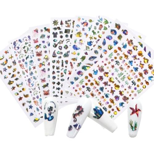 8/9pcs Ocean Cute Glitter Laser Nail Art Sticker Marine Butterfly Animals Shell Turtle Fish Starfish Nail Foil 3D Decal Set
