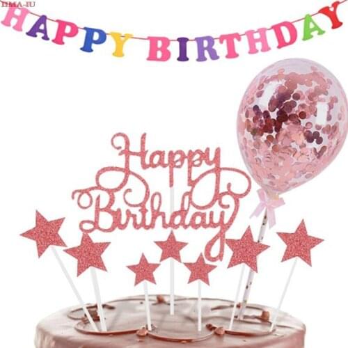 1 Set Glitter Star Love Happy Birthday Cake Inserts Set Decoration Cake Topper Confetti Balloon Kids Party Supplies