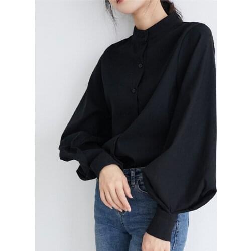 Lantern Sleeve Blouse Women Autumn Winter Single Breasted Stand Collar Shirts Office Work Blouse Solid Vintage Blouse Shirts 83A