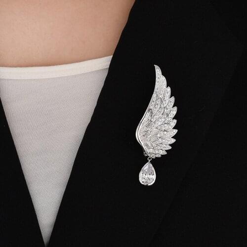 OKILY Elegance Angel Wing Rhinestone Pins Badge Brooches for Women Girl Fashion Pins Silver Color Brooches With Big Tear Zircon