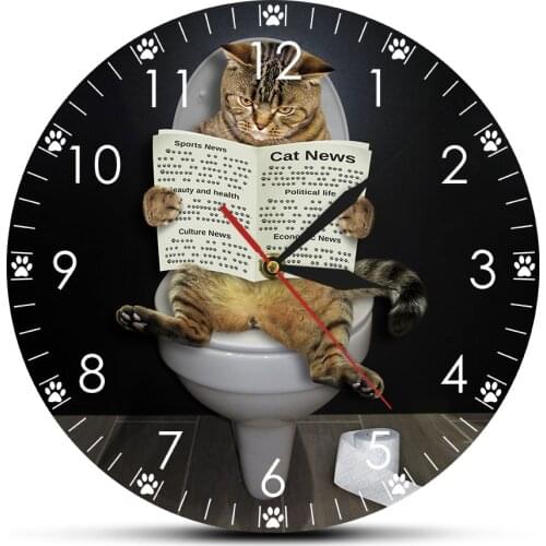 Reading Newspaper Cat On Toilet Bedroom Silent Wall Clock Funny Bathroom Wall Art Decorative Wall Watch Gift For Cat Owners