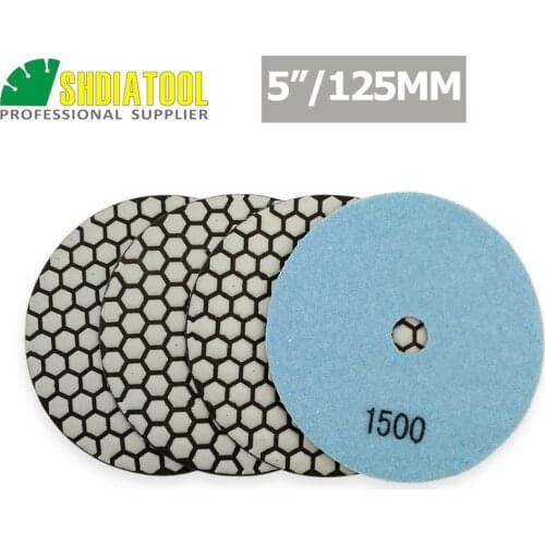 SHDIATOOL 4pcs 5" Grit #1500 B Diamond Dry Polishing Pads Dia125mm Resin Bond Sanding Disc Granite Marble Stone Polisher Pad
