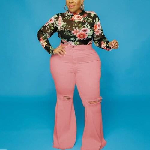 Jeans 2021 High Waist Plus Size Pants Skinny Hollow Out Flare Solid Sexy Fashion Elegant Large Oversized Denim Trousers Pant Big