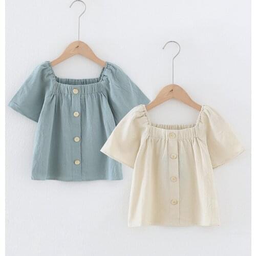 Summer Girls Casual Square Neck Puff Sleeve T-Shirt Children 2021Summer New Linen Woven Soft Loose Single-Breasted Boutique Top