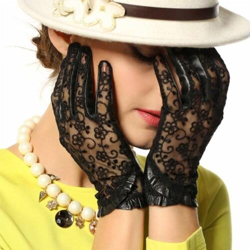Top Fashion Women Gloves Wrist Lace Sheepskin Glove Solid Genuine Leather Dressing Sunscreen Driving Unlined Free Shipping L095N