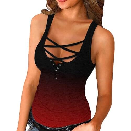 Gradient Print Tank Top Womens Cross Sexy Summer Sleeveless Tshirts Button Down Camis Vintage Tank Tops Топы Летние 2021 P5