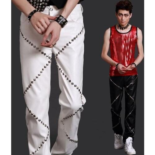 Stage personality men motorcycle leather pants harem pant men rivets trousers singer dance rock fashion pantalon homme street