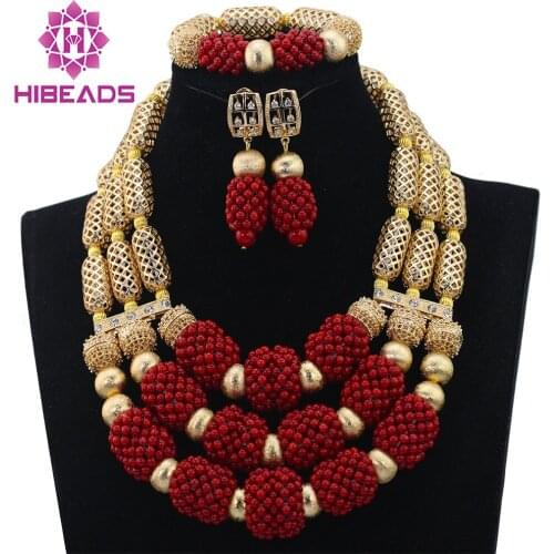 2017 Latest New Red Coral Beads Bridal Jewelry Set Gold Statement Necklace Set for Bride Wedding Beads Free Shipping CNR621