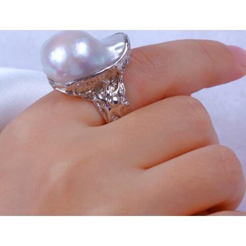 New Arrival White Big Freshwater Baroque Pearl Ring Adjustable 925 Sterling Silver Ring Fashion Unisex Jewelry