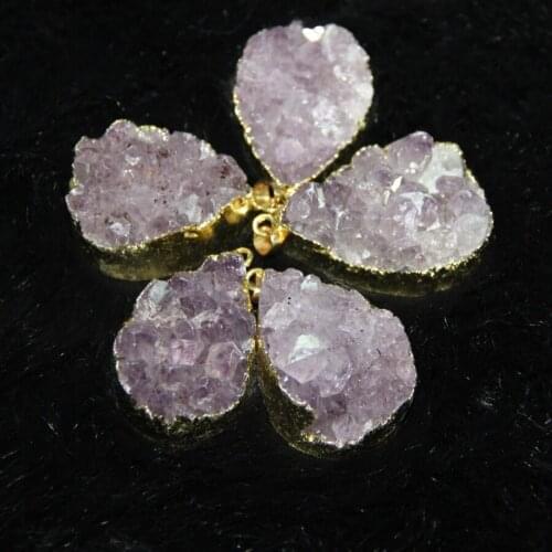 5pcs Wholesale Women Druzy Stone Pendants Lovely Dyed Purple Crystal Geode Drusy Pendant With Plated Edged Quartz Druzy