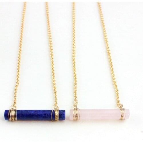 BOROSA Fashion Gems Stone Column Pendant Necklace Wire Wrapped Rose Crystal Quartz Gold Copper Necklaces Women Gifts WX1711