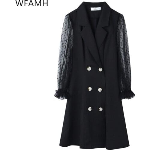 Large-size suit collar color button embroidery lace-up double-breasted stylish dress with bold sleeves slimming dress Gauze