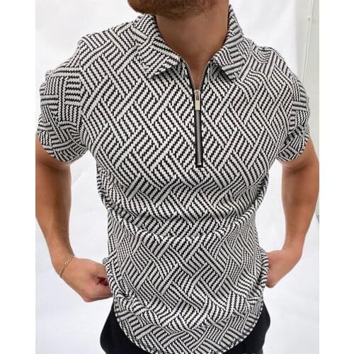 2021 Luxury Casual Black Solid Patchwork Plaid Men Polo Shirt Zipper Short Sleeve Tee Shirt Men Vintage Zipper Lapel Top