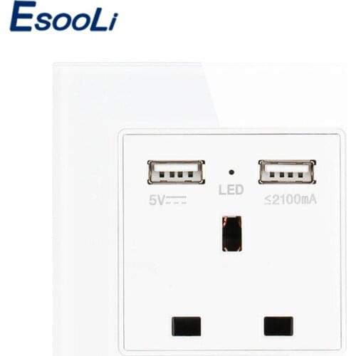 Esooli Wall Power Socket Crystal Glass Panel Dual USB Charging Port 2.1A Wall Charger Adapter 13A UK Standard Socket 110~250V