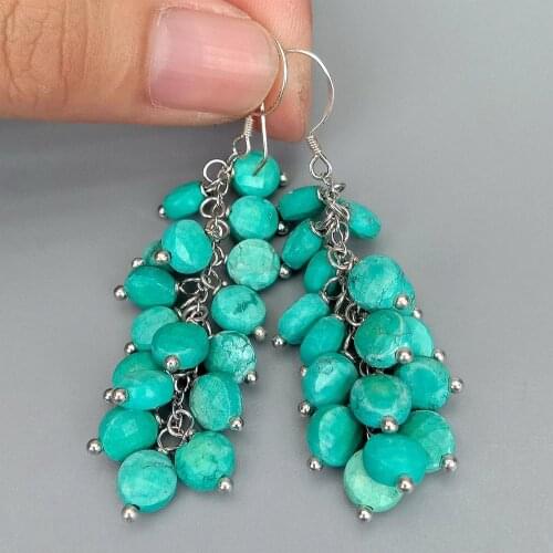 Y.YING Green Turquoise Faceted Coin Shape Dangle 925 Silver Hook Earrings