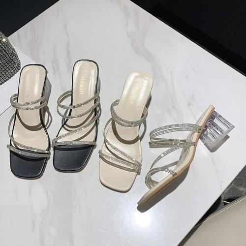 Glitter Slides Shoes Med Slippers Casual Big Size Slipers Women Jelly Luxury 2021 Scandals Crystal Rubber Hoof Heels PU Big Size