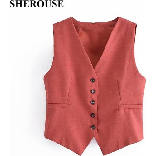 SHEROUSE Women Fashion With Pockets Single Breasted Solid Vest Sleeveless V-Neck Vintage Female Jacket Chic Outfits