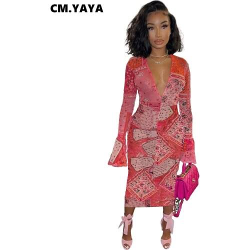 CM.YAYA Autumn Women Midi Dress Mesh See Through Full Sleeve V-neck Stretchy Bodycon Dresses Party Night Club Street Vestidos
