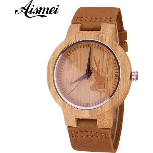 2018 Mens Women Deer Head Design Bamboo Wooden Watches Luxury Elk Wooden Bamboo Watches With Leather Quartz Watch