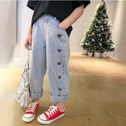 2021 Girls Spring Children Korean Love Straight Casual Jeans Cuhk Children Wear