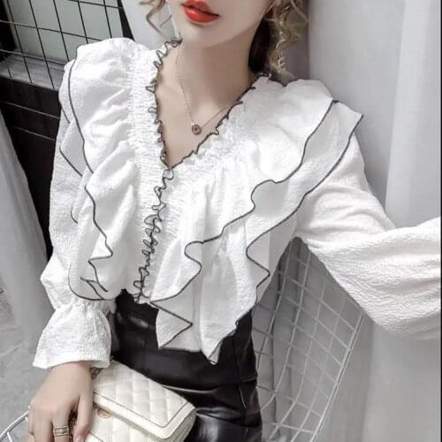 Blouse Women Ruffled V-neck Long Sleeve Chiffon Shirt Flared Sleeve Shirt Top Blusas Ropa De Mujer