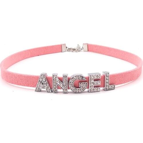 Custom DIY Personalized Pink Color Choker Crystal Letter Necklaces for Women Fashion Soft Leather Short Neck Collar Jewelry Gift