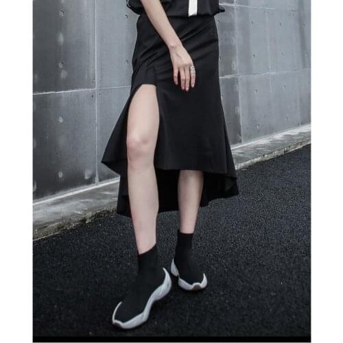 European and American irregular stitching skirt BF mid wind long summer fishtail skirt dark black high waist A-line skirt