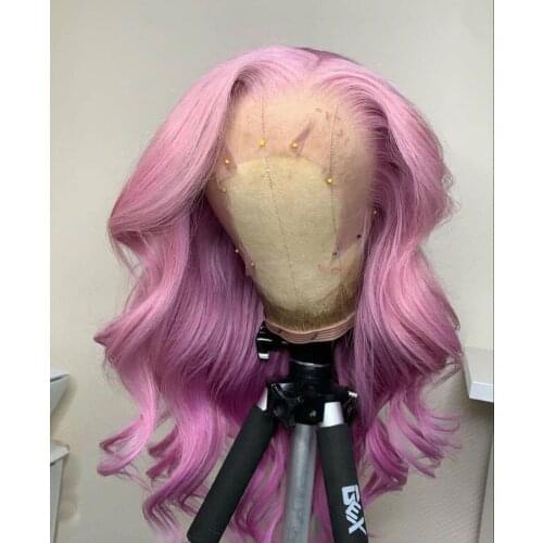 Long Pink Body Wave Lace Front Wig Human Remy Hair Lace Wigs Glueless Preplucked Free Part Lace Wigs For Women With Baby Hair