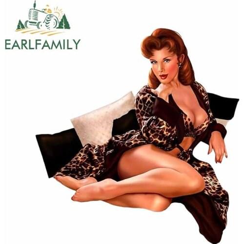 EARLFAMILY 13cm x 12cm Red Head with Leopard Outfit Pin Up Girl Decal Funny Cartoon Car Sticker Motorcycle Car Decal Accessories
