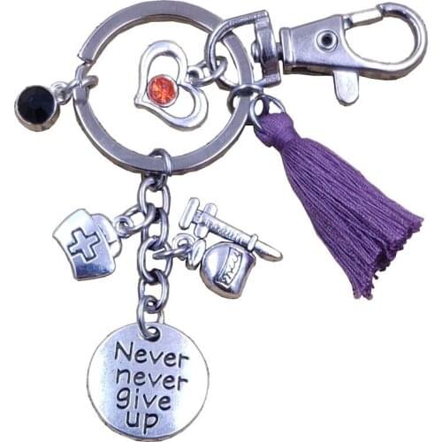 Engraved Never Never Give Up Lettered Word Charm Medical Box Doctor Keychain Key Ring Tassels Men Women Patient Gift BN041-080