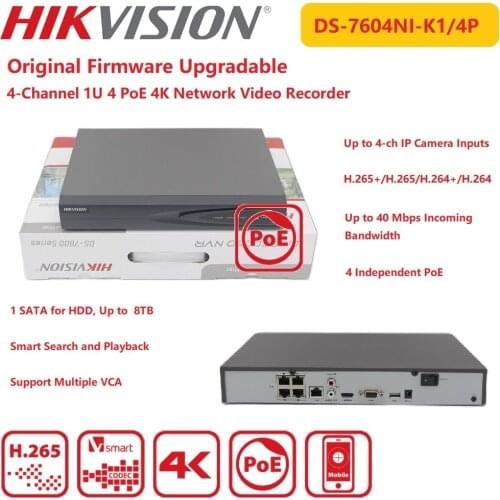 Hikvision 4K NVR 4Channel DS-7604NI-K1/4P 1U 4 PoE Surveillance Network Video Recorder Smart Search & Playback