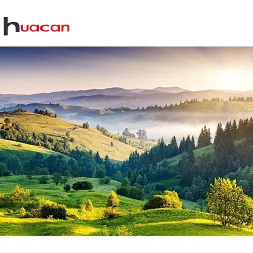 Huacan 5d Diamond Painting Spring Mountain Sunset Scenery Embroidery Forset Landscape Home Decoration