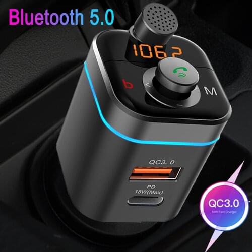 JINSERTA Car MP3 Player One Key Bass Bluetooth 5.0 FM Transmitter PD18W QC3.0 Fast Charger Rotatable Handsfree Key Microphone