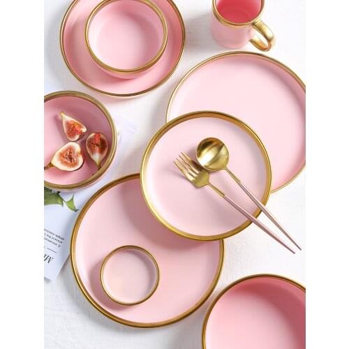 Ceramic tableware Nordic style gold rims pink ceramic tableware set dish bowl soup bowl plate dish